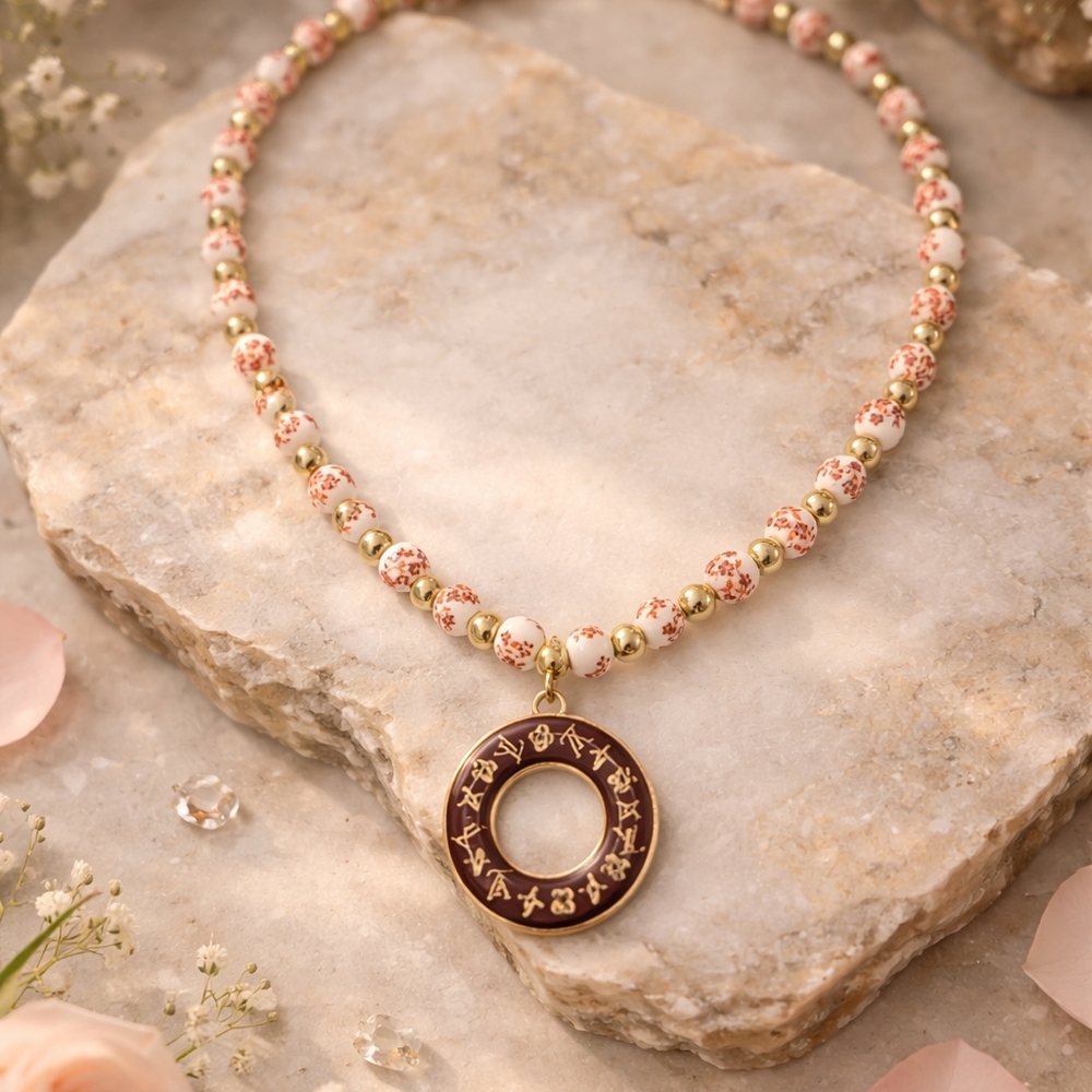 Floral Elegant Burgundy Beaded Necklace with LV Donut - Picture 10 of 10